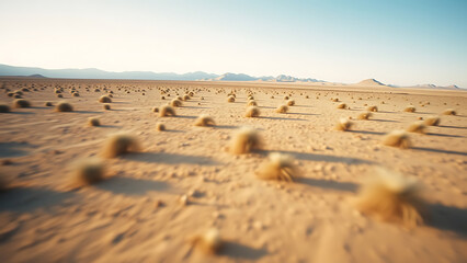 Wide angle video capturing a vast arid desert landscape with scattered tumbleweeds under a clear blu