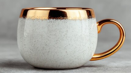 Elegant gold-rimmed coffee mug with speckled white ceramic design perfect for branding or lifestyle content