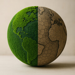 Split earth showing green nature and cracked dry land concept

