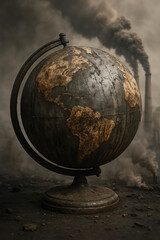 Rustic globe with smoke chimneys representing industrial pollution
