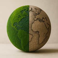 Half green half cracked earth globe symbolizing climate change
