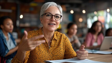 Middle-aged Caucasian woman leading focus group discussion in modern coworking lounge. Survey research answer checklist