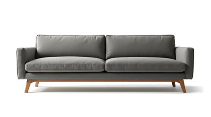 A modern grey fabric sofa with wooden legs, isolated on a white background, perfect for catalog or product listing.