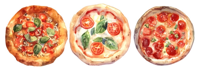 Vector illustration, set of Italian pizza, watercolor painting, banner