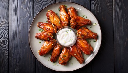 delicious buffalo chicken wings on a plate with dipping sauce top view