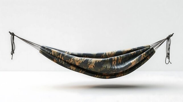 Camouflage hammock suspended against white backdrop