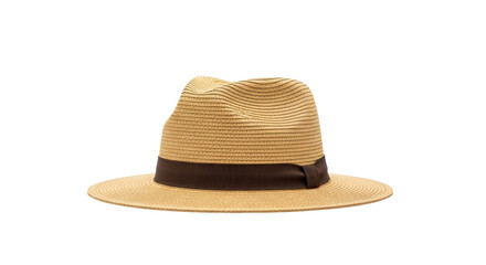 Isolated stylish tan fedora straw hat with brown ribbon on a clean neutral background