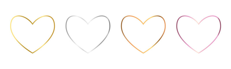 Luxury Art deco shiny gold, silver and rose gold glowing heart shape frames set. Vector golden heart frames for wedding invite, valentines day decoration