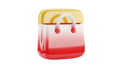 A glossy 3D rendered shopping bag icon with a red and white gradient body and a yellow top.
