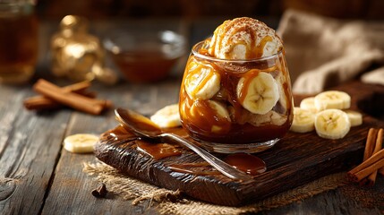 Banana foster dessert with caramel sauce, rustic wooden table, scattered cinnamon sticks and banana slices, warm light, copy space on right edge
