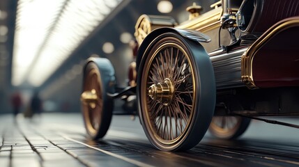 Elegant vintage car wheel detail against blurry industrial backdrop