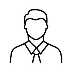 Minimalist line art icon of a man, simple contour of hair, face, and attire with a collared shirt and tie, isolated on white background. Vector illustration symbolizing businessman, office worker