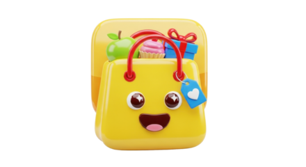 A cute yellow cartoon shopping bag with a happy face, filled with a gift box, a cupcake, and an apple.