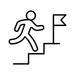 Minimalist line art icon of a man figure running up a staircase towards a flag isolated on a white background. Vector illustration symbolizing achievement, career growth, success, leadership, etc.