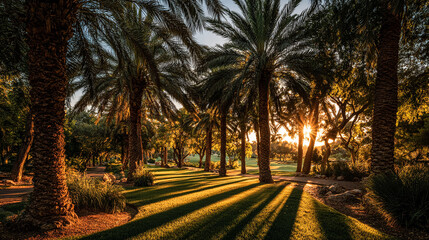 Obraz premium Sun streams through palm trees in park. Represents tropical paradise, vacation destination. Use for travel, web design, or marketing.