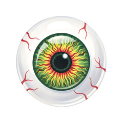 Spooky cartoon eyeball with a colorful green and yellow iris.