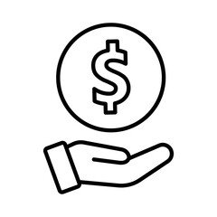 A minimalist line art icon of hand holding a coin with a dollar sign on it isolated on white background. Vector illustration representing finance, money savings, banking, business investment, etc