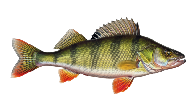 Isolated Perch illustration, fresh water fish with vertical stripes and spiky dorsal fin