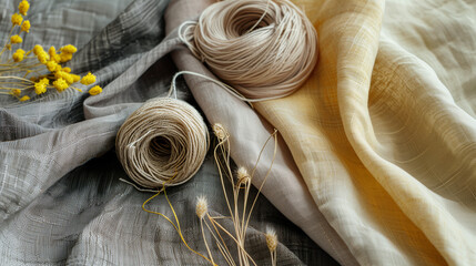 Stylish natural linen fabric and sewing accessories. The basis for sewing clothes. Flat layout, close-up, top view, copy location, layou