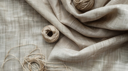 Stylish natural linen fabric and sewing accessories. The basis for sewing clothes. Flat layout, close-up, top view, copy location, layou