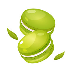 Green matcha macarons dessert isolated on white background. Traditional French dessert with Japanese matcha tea flavor. Elegant sweet pastry, gourmet confectionery, stylish dessert illustration