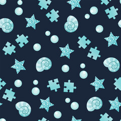 Vector seamless pattern with shells, stars, puzzle pieces and bubbles on a dark blue background, flat illustration.