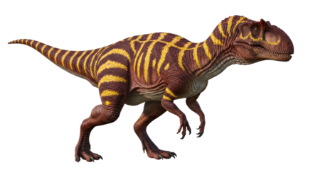 Isolated Dinosaur Majungasaurus, extinct carnivore, theropod with yellow and brown stripes