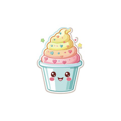 Sweet and cheerful kawaii dessert illustration of a smiling frozen yogurt cup. A cute food character concept with colorful swirls and festive decorations