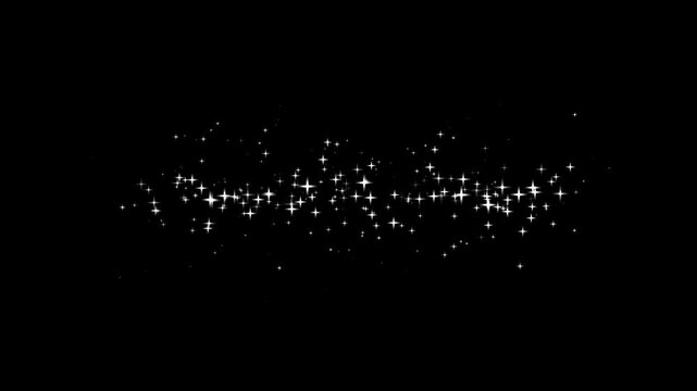 Twinkling glitter stars animation, flat vector doodle sparkle, white cartoon blinking stars, fast line glitter motion, glowing light trails, 2D shining twinkle effect on black screen background. 4k