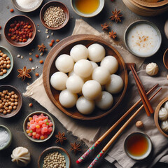 Top view of Tang Yuan(sweet dumplings balls). Traditional cuisine for lantern festival, Mid-autumn, Dongzhi (winter solstice festival) and Chinese new year