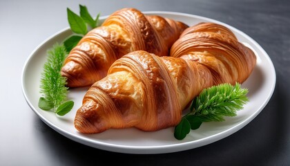 Fototapeta premium freshly baked croissants on a white plate decorated with greenery for a delightful treat