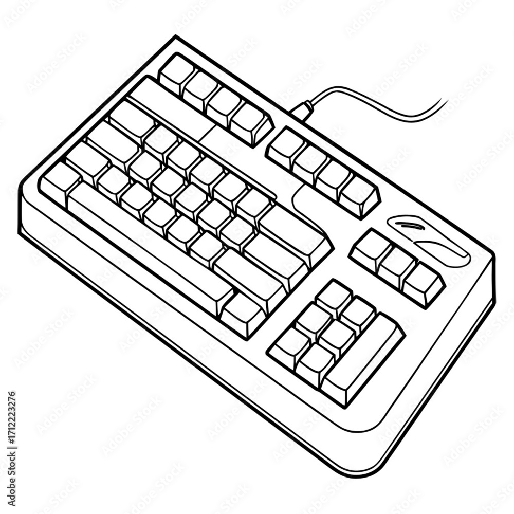 Fototapete minimalist isometric view of a wired computer keyboard with multiple keys and a connected cable in b
