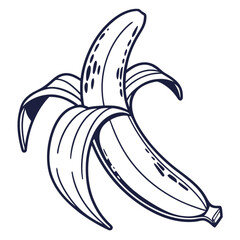 Minimalist outline illustration of a partially peeled banana with dark spots on the peel and a white background vector