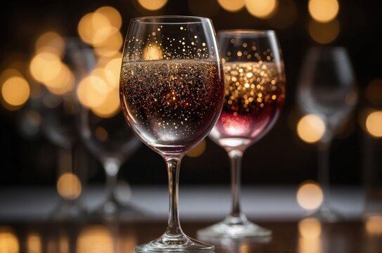 two glasses of champagne of the table, Two wine glasses filled with a sparkling red beverage sit on a reflective surface.