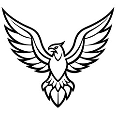 Minimalist stylized black and white phoenix with outstretched wings in a symmetrical design illustration art vector