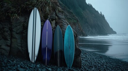 Surfboards resting on the shore: A collection of stylish surfboards with distinct designs and hues are showcased against a rugged coastal background.