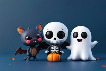 Fototapeta premium Three cute cartoon Halloween characters: a bat, a skeleton, and a ghost. Concept of a friendly Halloween.