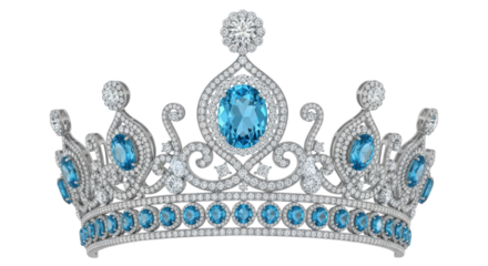 Isolated decorative crown made of silver with aquamarine stones for princess or queen