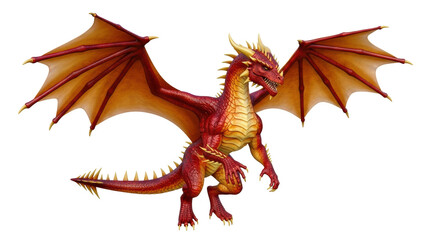 Isolated Red Dragon with Wings Outstretched and Spiked Tail Curled Up Standing Upright © Ari
