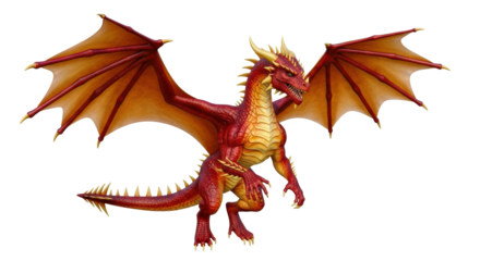 Isolated Red Dragon with Wings Outstretched and Spiked Tail Curled Up Standing Upright