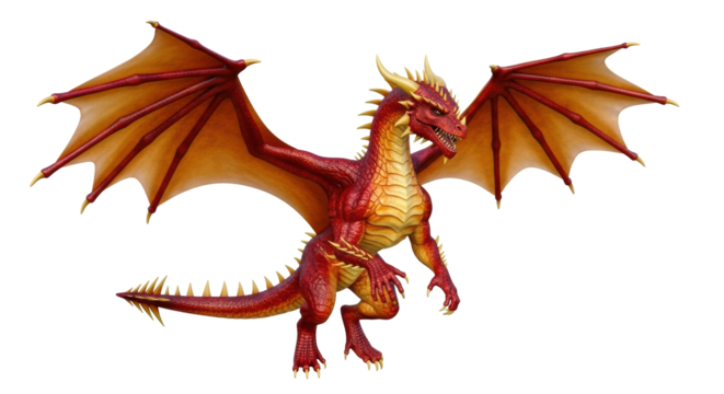 Isolated Red Dragon with Wings Outstretched and Spiked Tail Curled Up Standing Upright