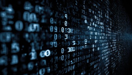 Digital data stream of binary code representing information flow.