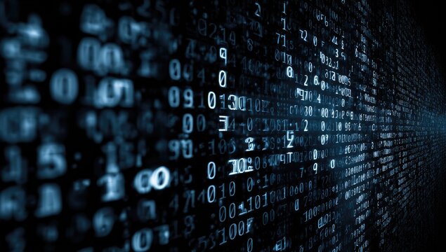 Digital data stream of binary code representing information flow.