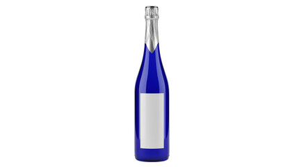 Isolated blue wine bottle with silver foil top and blank label ready for branding concept