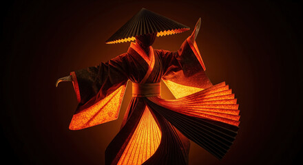 Dramatic origami papercraft figure of a Japanese samurai in traditional attire. Concept of paper art and culture.