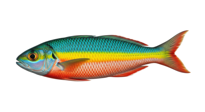 Isolated colorful fish in a side view, brightly colored tropical fish against a blank backdrop
