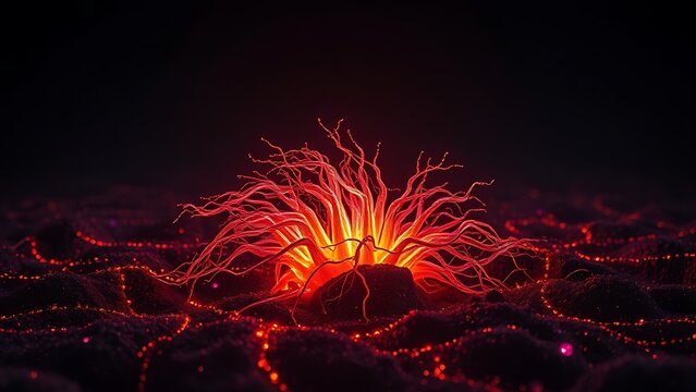 A glowing malignant growth being starved of its vibrant nutrient streams on a dark field.
