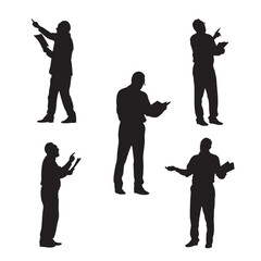 Silhouettes of individuals in standing positions holding books or papers, showcasing reading, analysis, and pointing gestures.