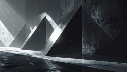 A meticulously designed, grayscale interior space features angular, triangular structures that cast dramatic shadows, bathed in ambient light.