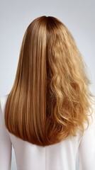 Naklejka premium Split view of long hair, frizzy vs smooth, autumn-inspired contrast with seasonal metaphor of change, care, and emotional transformation